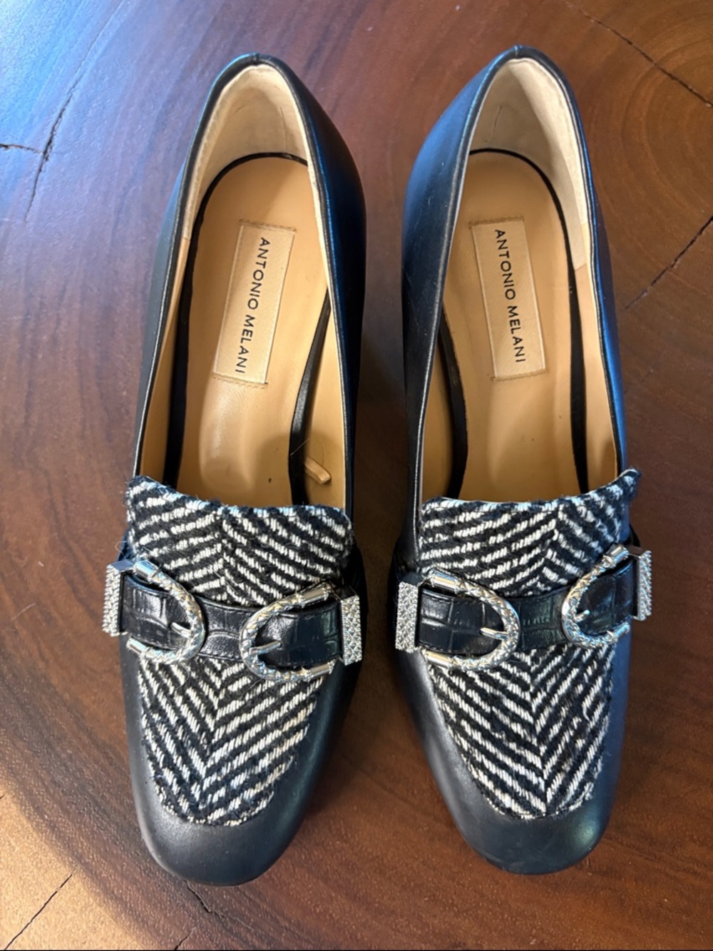 Antonio Melani Block Heel Pumps Black Herringbone Loafer Heels Size 8